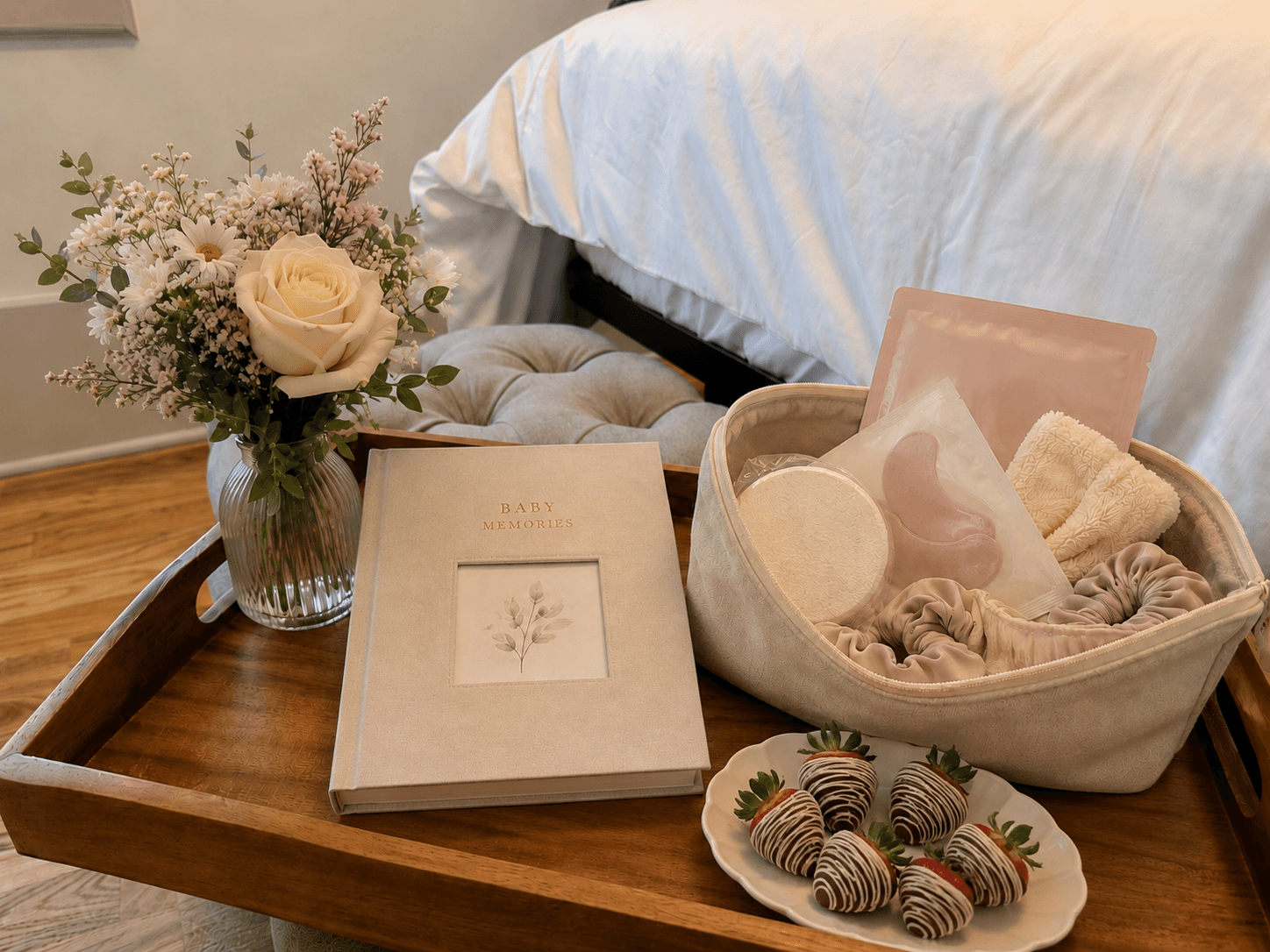 A cozy bedside table displays a bouquet of flowers, a baby memory book, and a basket with skincare items and chocolate-covered strawberries.