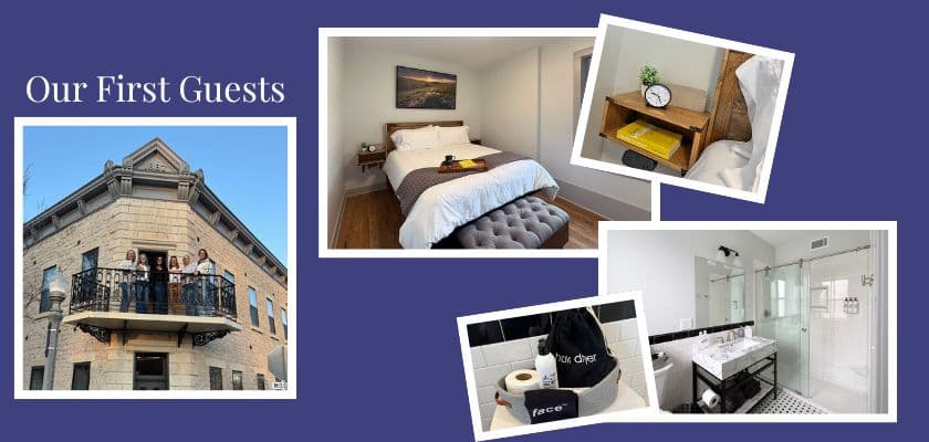 Collage showcasing the first guests at a cozy rental featuring an exterior view, bedroom, and bathroom amenities.