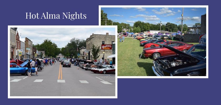 A lively street scene during Hot Alma Nights featuring classic cars and attendees enjoying the event.