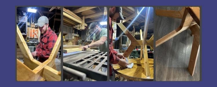 A series of four images showing a man assembling and finishing a wooden table in a workshop.