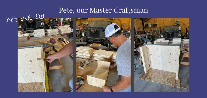 A man works on woodworking projects in a workshop filled with tools and wooden boards.