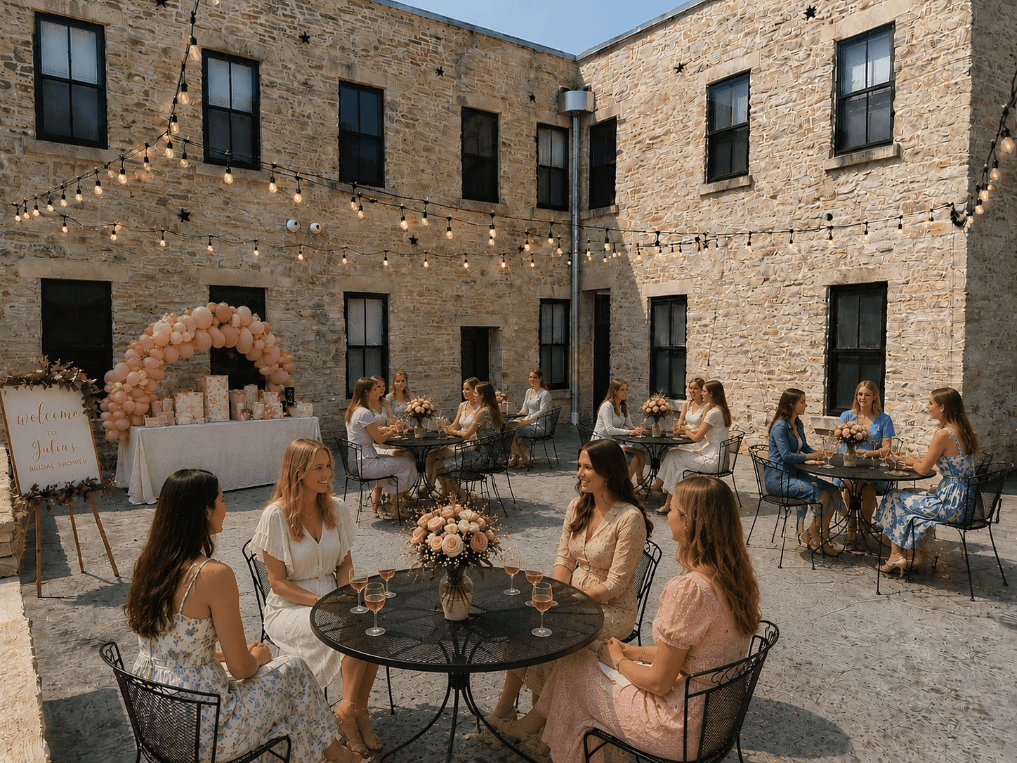 A group of women celebrates with drinks and flowers in a courtyard decorated for a special event.