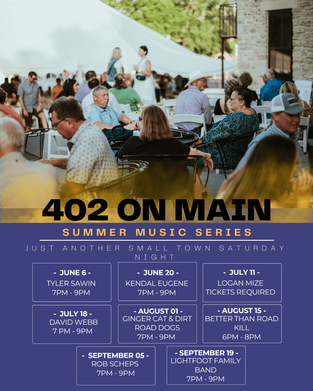 A lively outdoor music event at 402 on Main featuring a variety of artists scheduled throughout the summer.