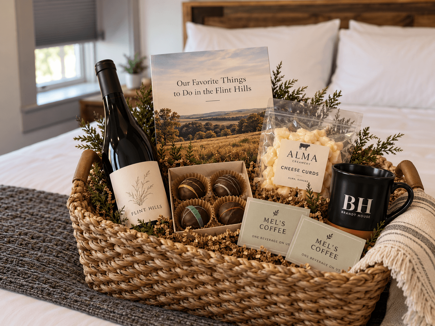 A gift basket containing wine, cheese curds, chocolates, coffee, and a brochure about the Flint Hills, set on a bed.