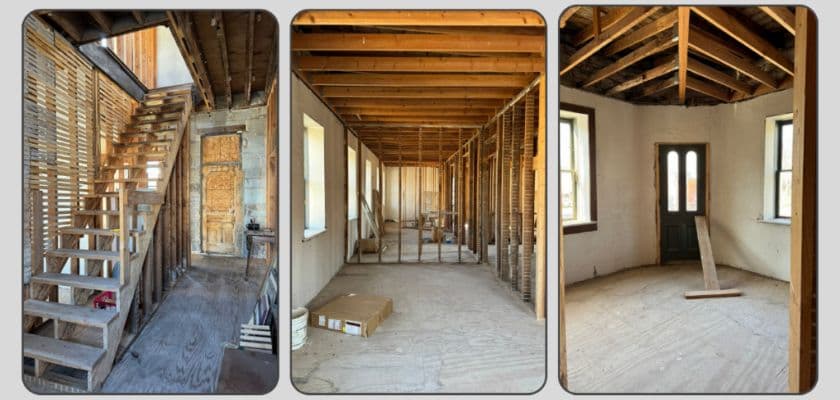 Three views of an unfinished interior showing exposed walls, a set of stairs, and an empty room with wooden beams.