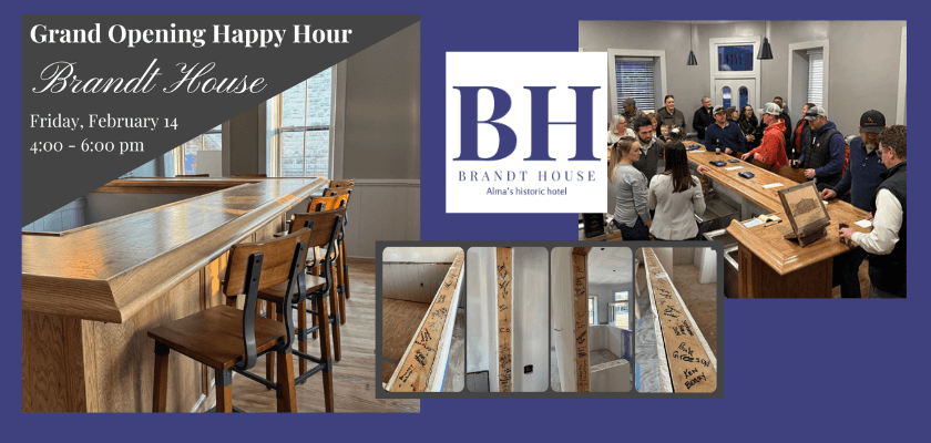 Promotional banner for the grand opening happy hour of Brandt House, featuring a bar and guests enjoying the event.