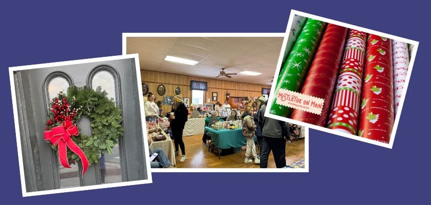A festive holiday wreath, a busy community gathering, and colorful wrapping paper designs.