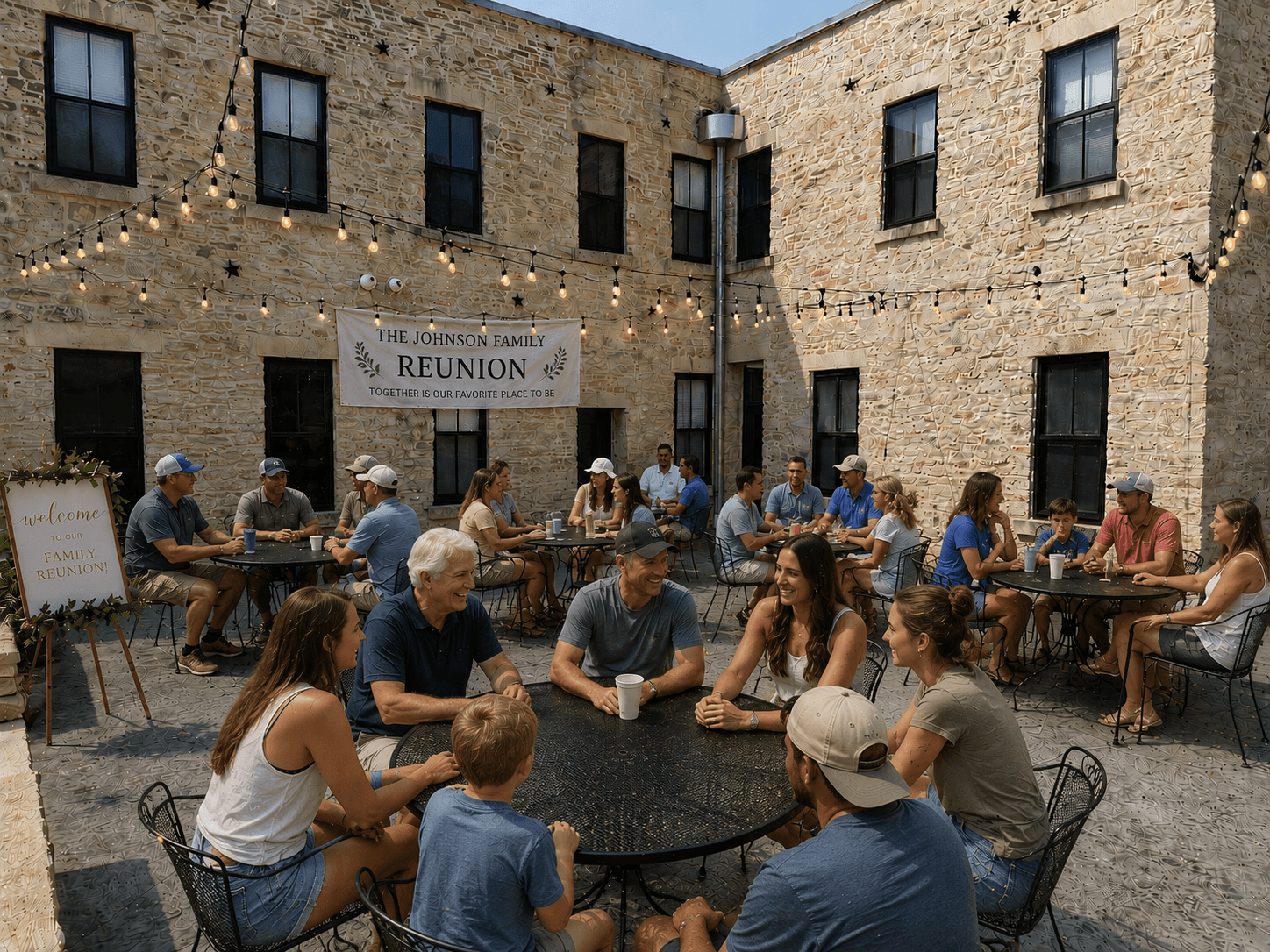 A large group of people gathers around tables in a courtyard for a family reunion, with a banner welcoming attendees.