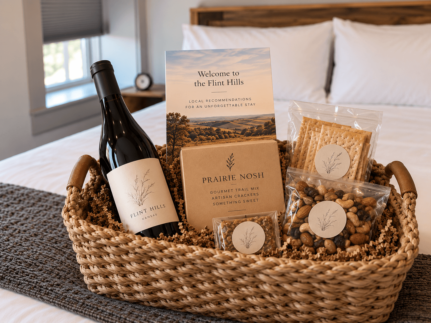 A woven basket containing a bottle of wine, snacks, and a welcome card for guests.
