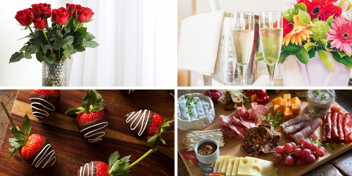A collage featuring red roses in a vase, champagne flutes, chocolate-covered strawberries, and a gourmet charcuterie board.