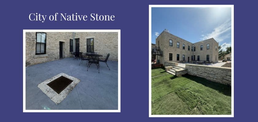 Two images of the City of Native Stone, featuring an outdoor seating area and a stone building with a grassy lawn.