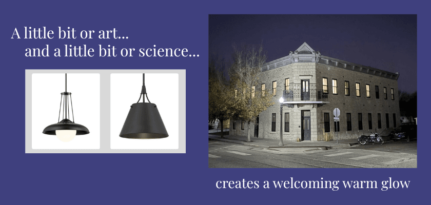 Image of a building exterior with warm lighting and hanging light fixtures, accompanied by text about creating a welcoming atmosphere.