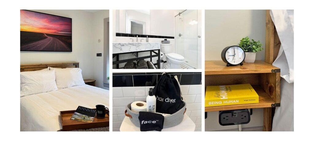 Collage of a cozy guest room with a neatly made bed and bedside tray, a modern bathroom with marble vanity and glass shower, and a wooden shelf with a clock, plant, and book.